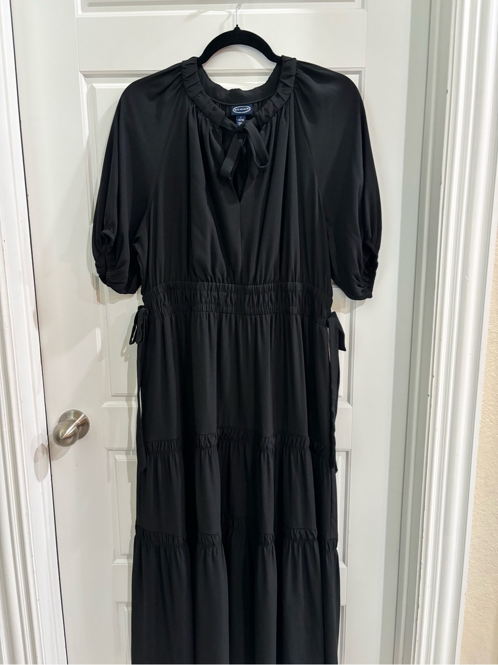 Black Tiered Midi Dress with Tie Neck - size Large